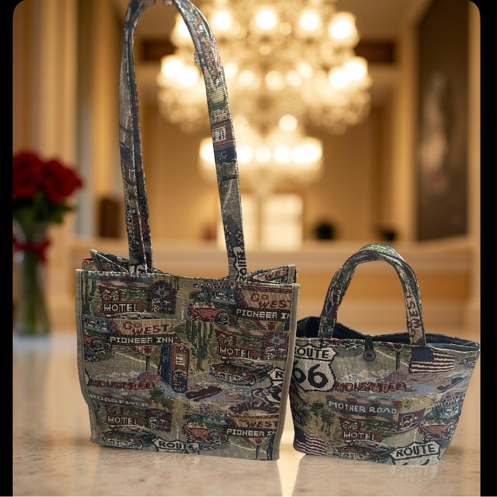 Route 66 Tapestry 2 Tote Bags– Vintage Americana Style 1 medium & 1 large